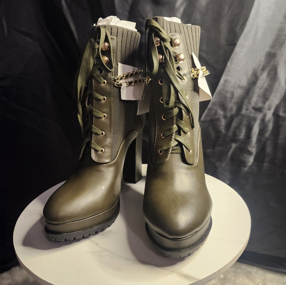 Olive Green Lace-Up Ankle Boots